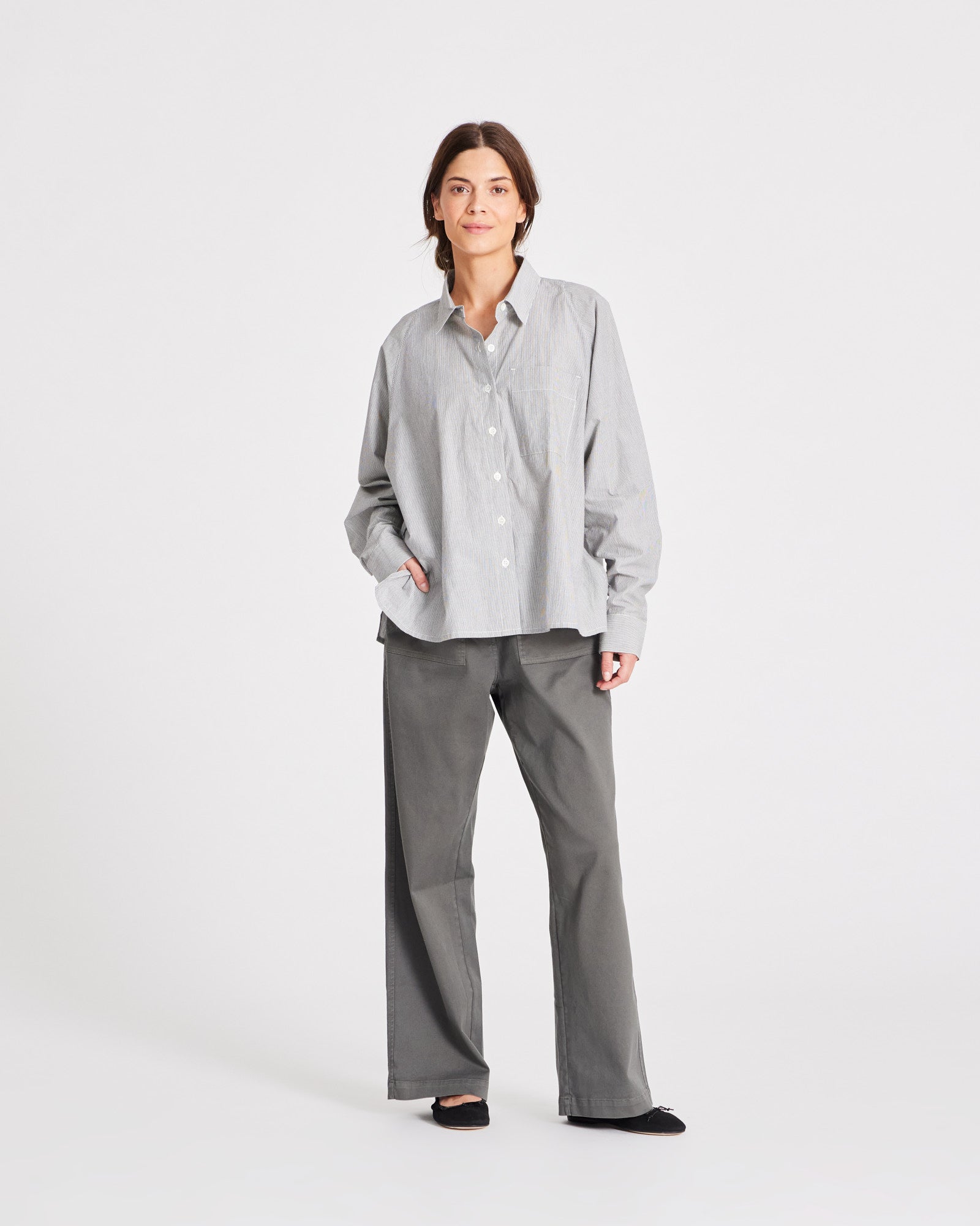GAI+LISVA Bella Raglan L/S Striped Poplin Short Shirt GOTS 243975 Top 255 Dark Grey/Ecru Stripe