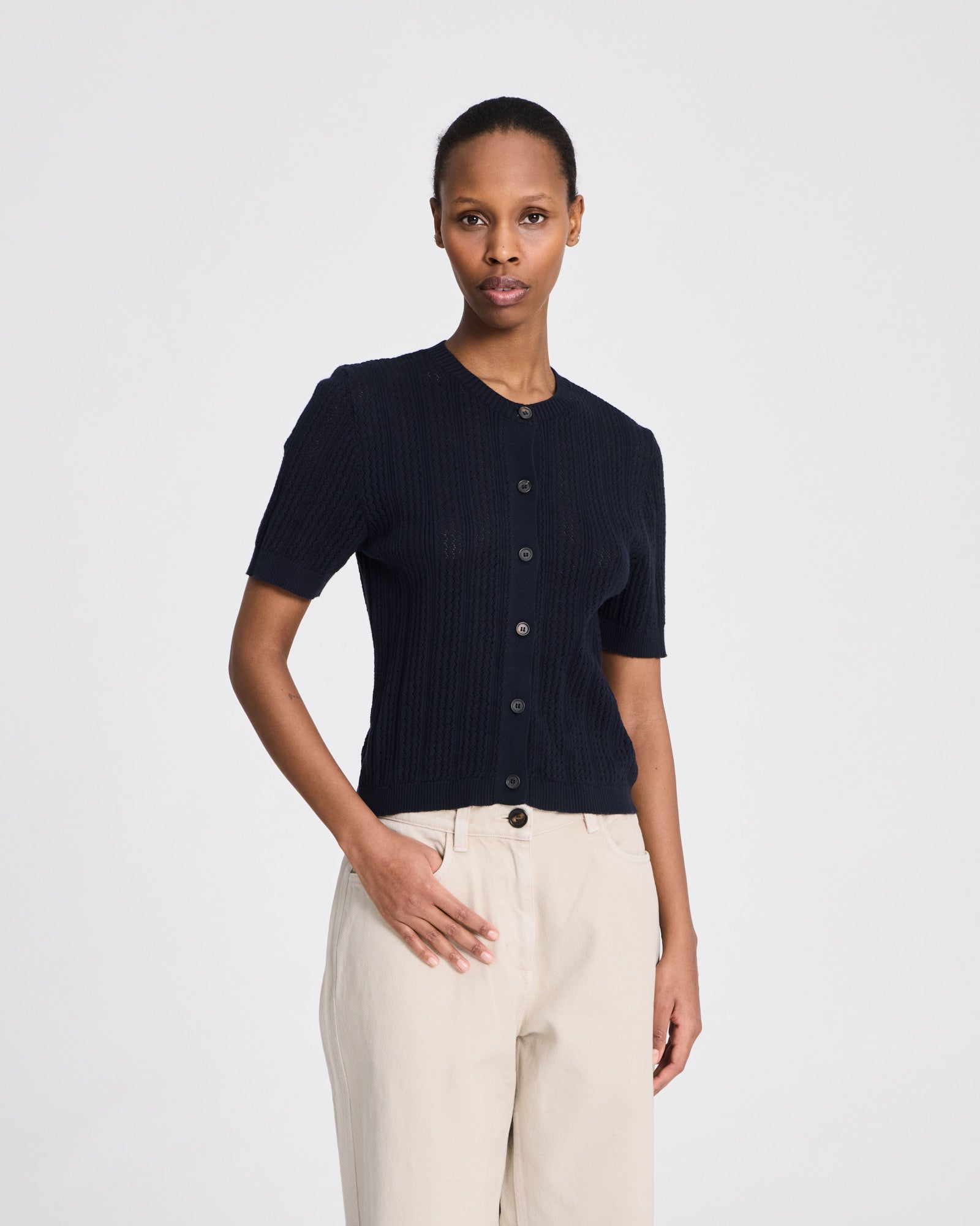 GAI+LISVA Delia S/S Cardigan Cotton Pointel Knit GOTS Cotton l Knitwear 181 Midnight Blue